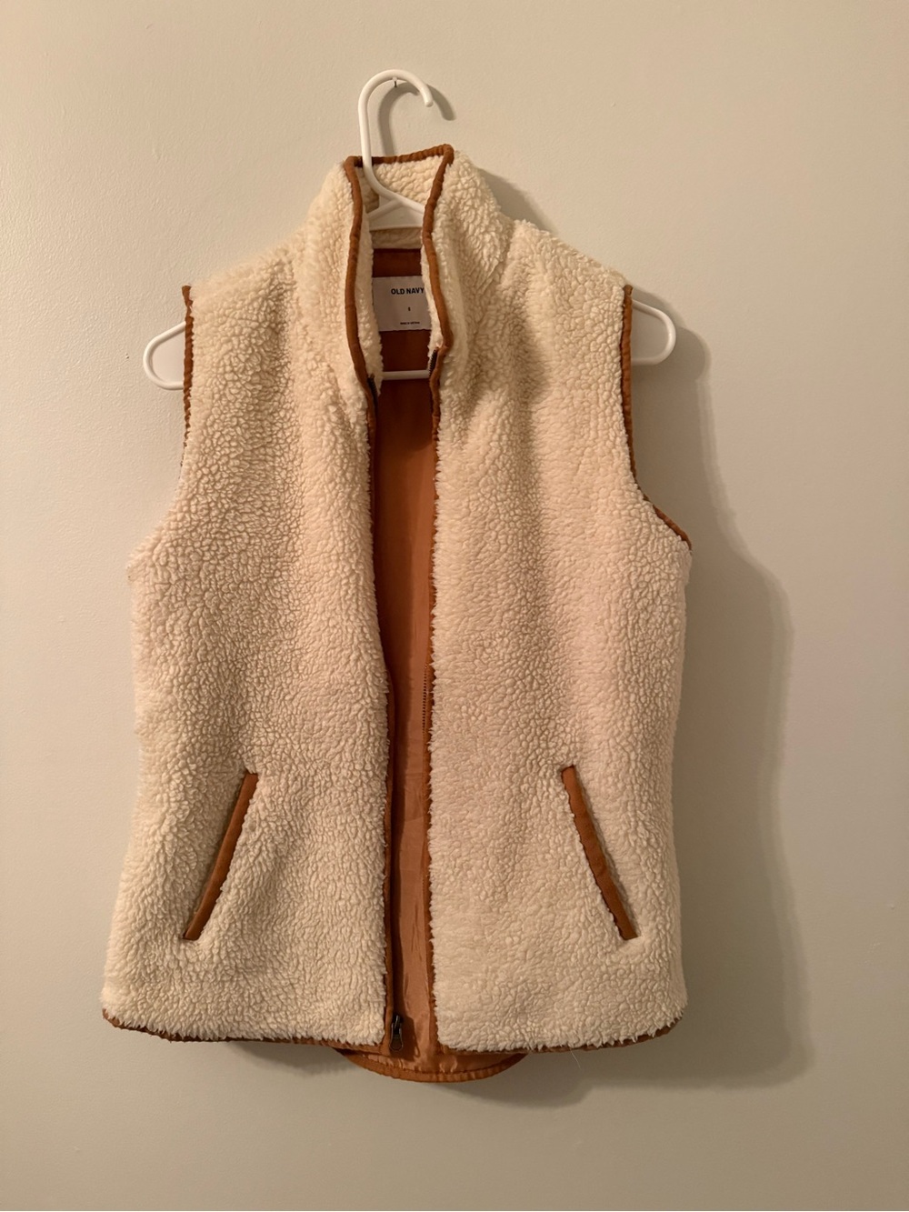 Old Navy Cream Sherpa Vest with Tan Trim